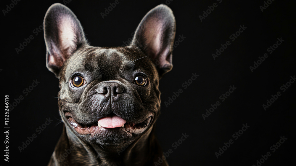 Happy French bulldog gazing at the camera in a professional studio setting with dramatic lighting against a black background