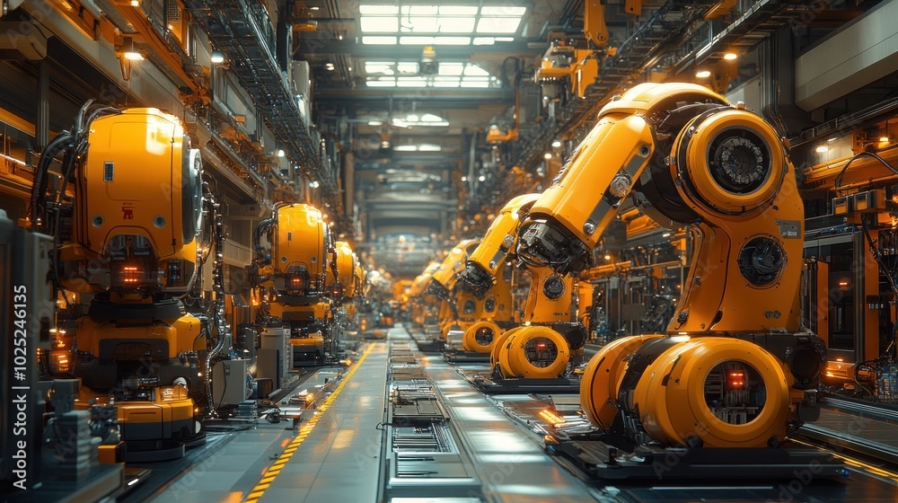 A line of industrial robotic arms in a factory setting, working in unison to perform tasks. A line of industrial robotic arms in a factory setting, working in unison to perform tasks.