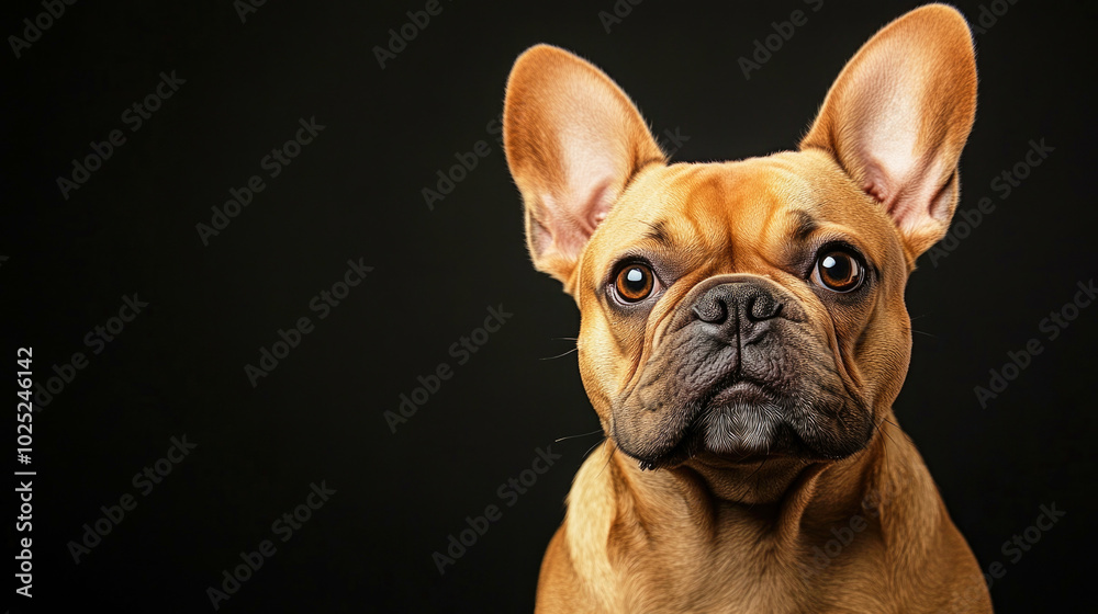 A happy French bulldog gazing at the camera with a soft expression against a black background in a studio setting A happy French bulldog gazing at the camera with a soft expression against a black background in a studio setting