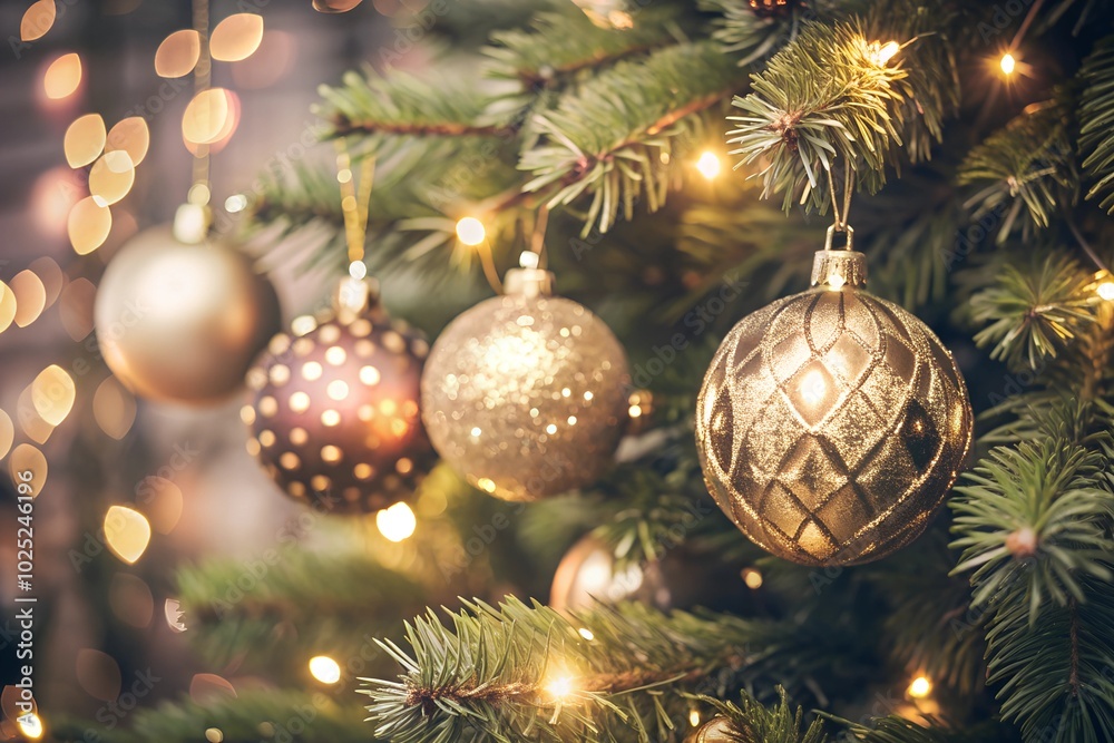 Golden and bronze Christmas baubles hanging on a decorated tree, illuminated by soft glowing lights, with a warm and festive holiday atmosphere