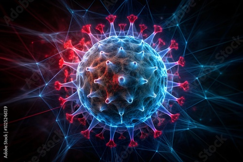 Digital illustration of a virus particle, with a glowing structure and spikes, symbolizing viral infection, medical research, and scientific discovery, set against a dark background  photo