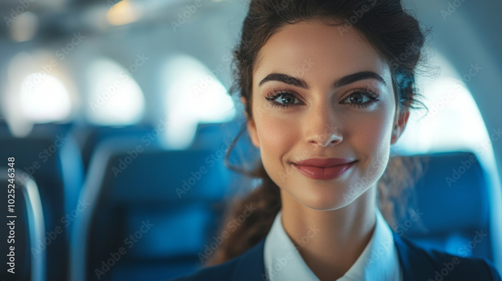 A flight attendant warmly welcoming passengers on a cabin during the day, creating a friendly atmosphere onboard A flight attendant warmly welcoming passengers on a cabin during the day, creating a friendly atmosphere onboard