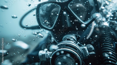 A man in a wet suit is underwater with a camera photo