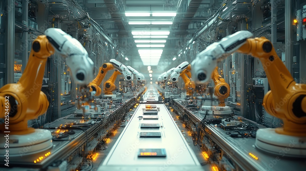 A futuristic factory with an assembly line of robotic arms. A futuristic factory with an assembly line of robotic arms.