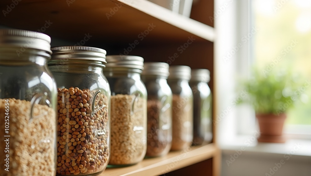 Organized collection of grains in mason jars on kitchen shelf Organized collection of grains in mason jars on kitchen shelf