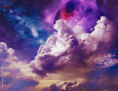 Stunning violet clouds illuminated by twilight sky showcasing vibrant cosmic colors above a tranquil landscape