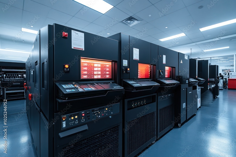 A row of large, black, industrial machines with digital displays in a clean, white, industrial room. A row of large, black, industrial machines with digital displays in a clean, white, industrial room.
