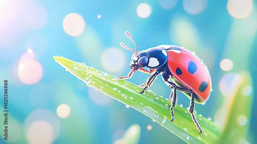Obraz premium A ladybug sits on a green leaf with droplets of water on its legs
