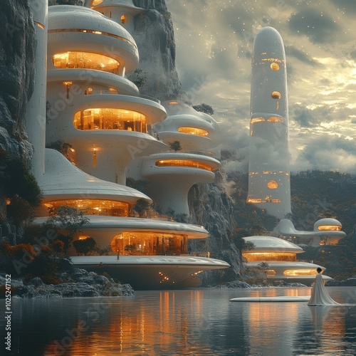 Futuristic city nestled into a mountainside with a woman standing on a platform in a lake at sunset.