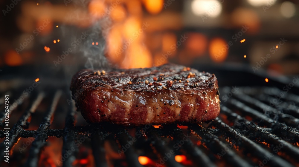 Beef steak on the grill, 3D realism, detailed textures, brisket levitating, ultra-realistic, appetizing