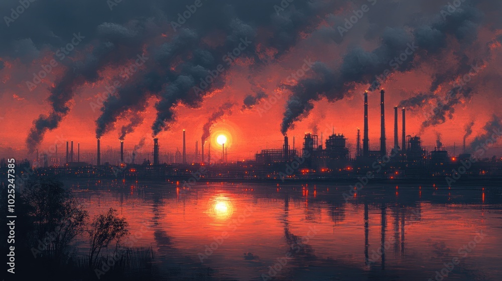 A large industrial complex with smoke stacks releasing plumes of smoke against a dramatic sunset sky reflecting in a calm river. A large industrial complex with smoke stacks releasing plumes of smoke against a dramatic sunset sky reflecting in a calm river.