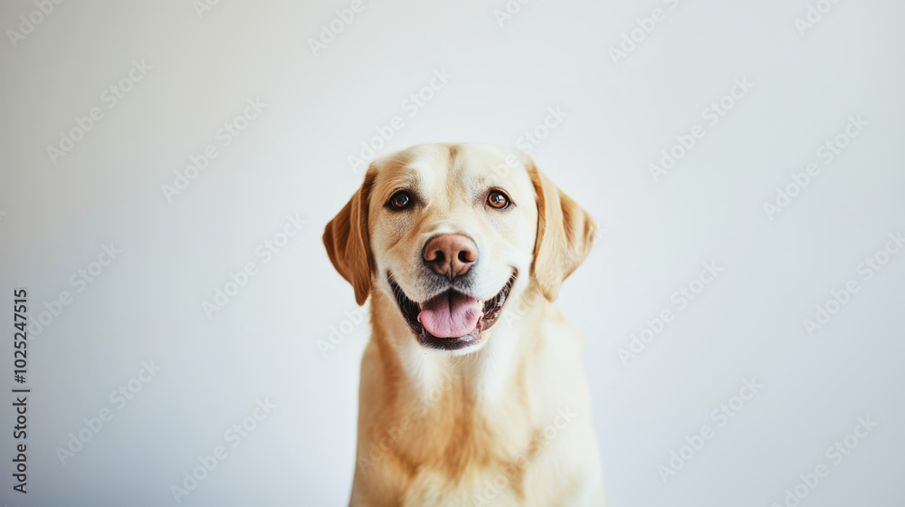 A joyful Labrador retriever smiling at the camera against a bright white background in professional studio lighting A joyful Labrador retriever smiling at the camera against a bright white background in professional studio lighting