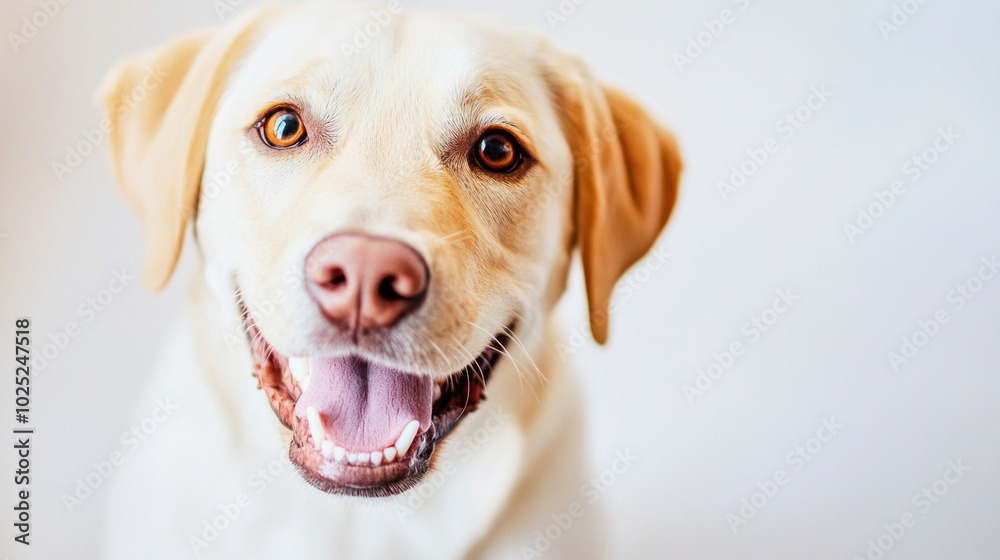 Happy labrador retriever gazing at the camera in bright studio light against a white background