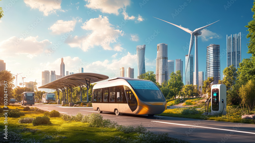 Fototapeta premium Emphasize green technology by featuring electric and solar-powered vehicles. 