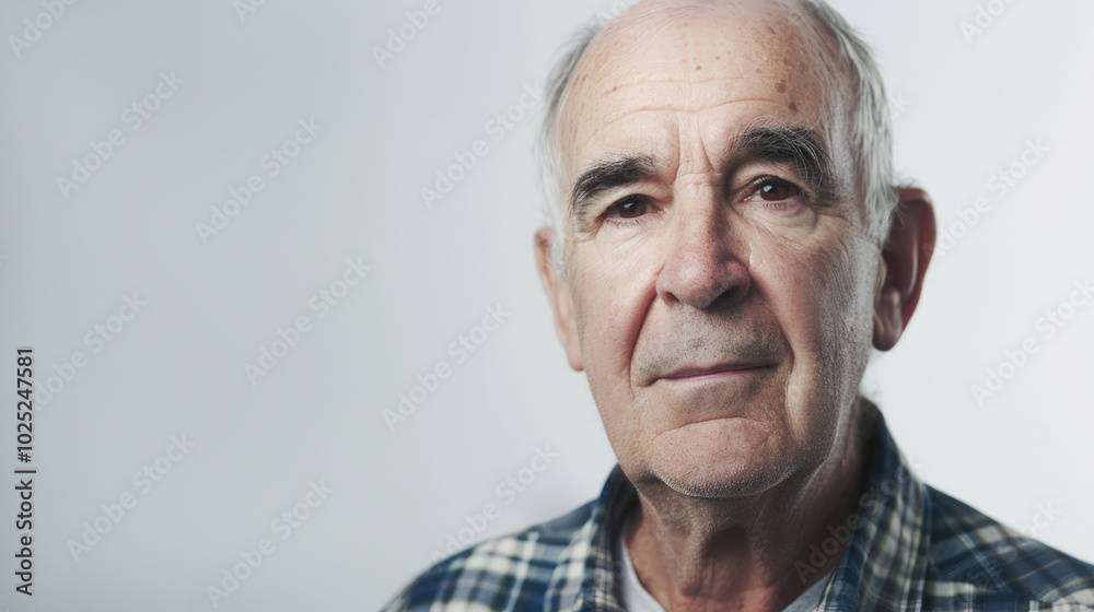 mature older man looking at camera on a light background, copy space