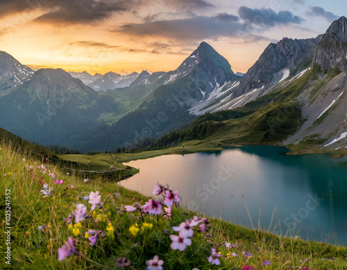 Breathtaking sunset over a serene mountain lake surrounded by wildflowers in the Alps