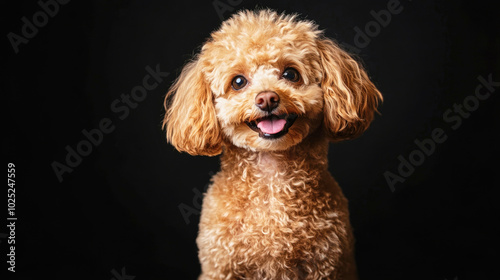 Happy poodle sitting on a black background, looking at the camera with bright eyes and a joyful expression in studio lighting