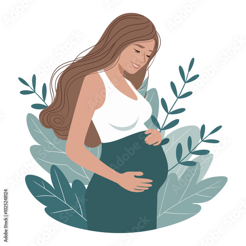 An Illustration of a Pregnant Woman with Flowing Brown Hair and Nature Background