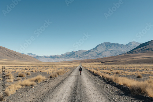 Lone hiker walking a vast empty trail with a clear sky overhead