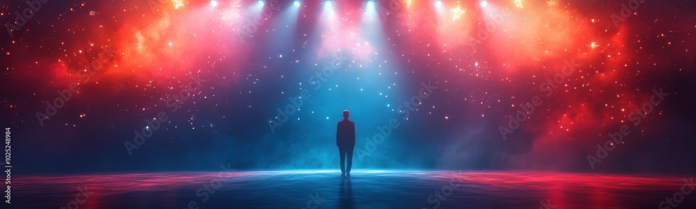 Brightly colored lights shine brightly over a man standing in a dark room Brightly colored lights shine brightly over a man standing in a dark room