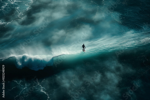 Ultra-realistic depiction of a lone surfer riding a vast ocean wave