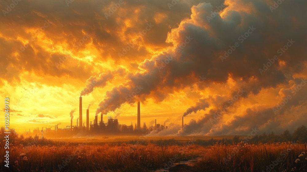 A factory with tall smokestacks releases plumes of smoke against a fiery sunset sky. A factory with tall smokestacks releases plumes of smoke against a fiery sunset sky.