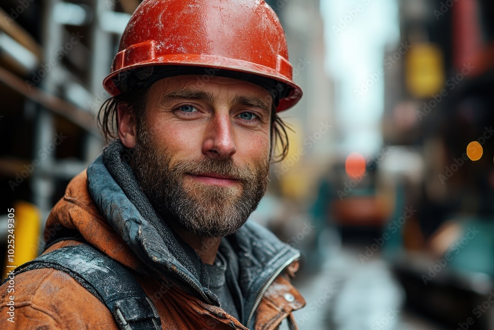 A construction worker with a beard and a hard hat looks confidently at the camera. A construction worker with a beard and a hard hat looks confidently at the camera.