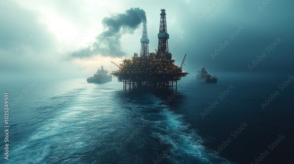 A large oil rig platform in the ocean with two support vessels.