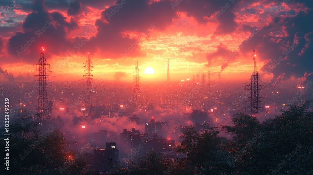 A futuristic city skyline with a hazy sunset and red sky. A futuristic city skyline with a hazy sunset and red sky.