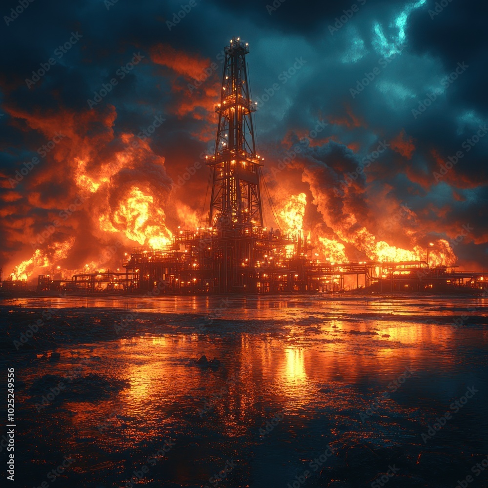 An oil rig engulfed in flames against a stormy sky. An oil rig engulfed in flames against a stormy sky.
