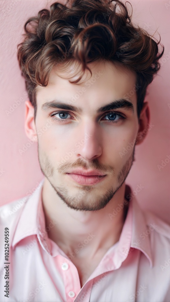 Young man with curly hair posing against a soft pink background in a casual light pink shirt during daylight. Generative AI Young man with curly hair posing against a soft pink background in a casual light pink shirt during daylight. Generative AI