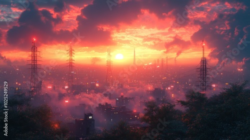 A futuristic city skyline with a hazy sunset and red sky.