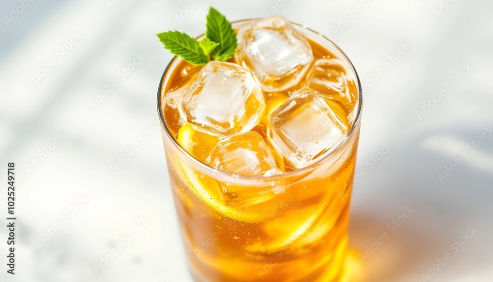 A tall glass filled with a refreshing blend of lemonade and iced tea showcases clear ice cubes and a mint sprig on a bright, sunny day. It’s the perfect summer drink.