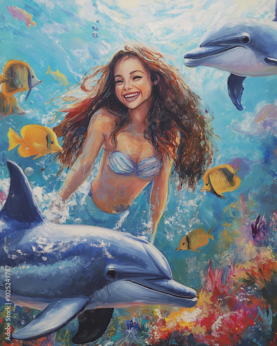 Whimsical underwater scene of a mermaid laughing with dolphins and fish