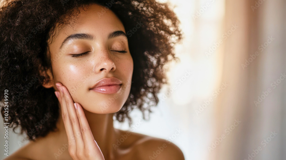 Close-up of a woman with flawless skin gently touching her face while looking into a mirror in natural light Close-up of a woman with flawless skin gently touching her face while looking into a mirror in natural light