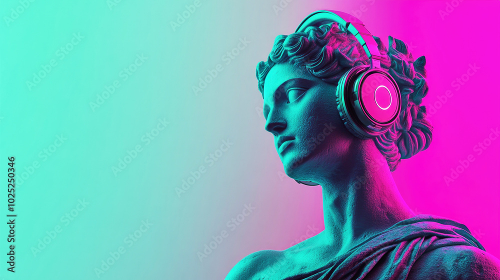 A modern Greek statue immersed in music reveals a fusion of ancient art and futuristic technology with vibrant neon lights