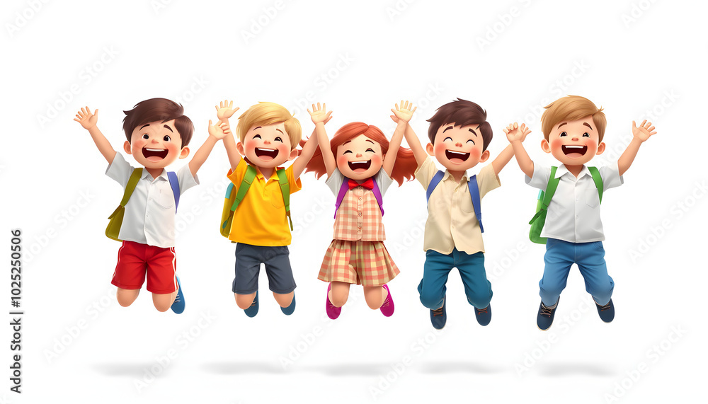 Obraz premium Set of cute jumping schoolchildren on white background isolated with white highlights, png