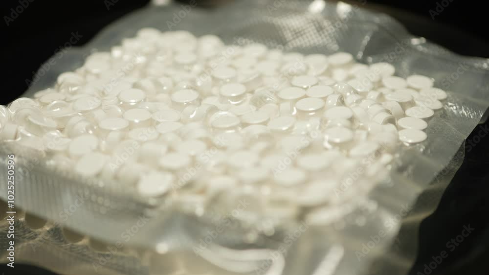 Powder drugs pressed in pills shape and packaged in to vacuum bags for transportation. Stash of Oxy, Meth, Fentanyl or synthetic opioid drugs, seized by police or security, illegal drugs trafficking.