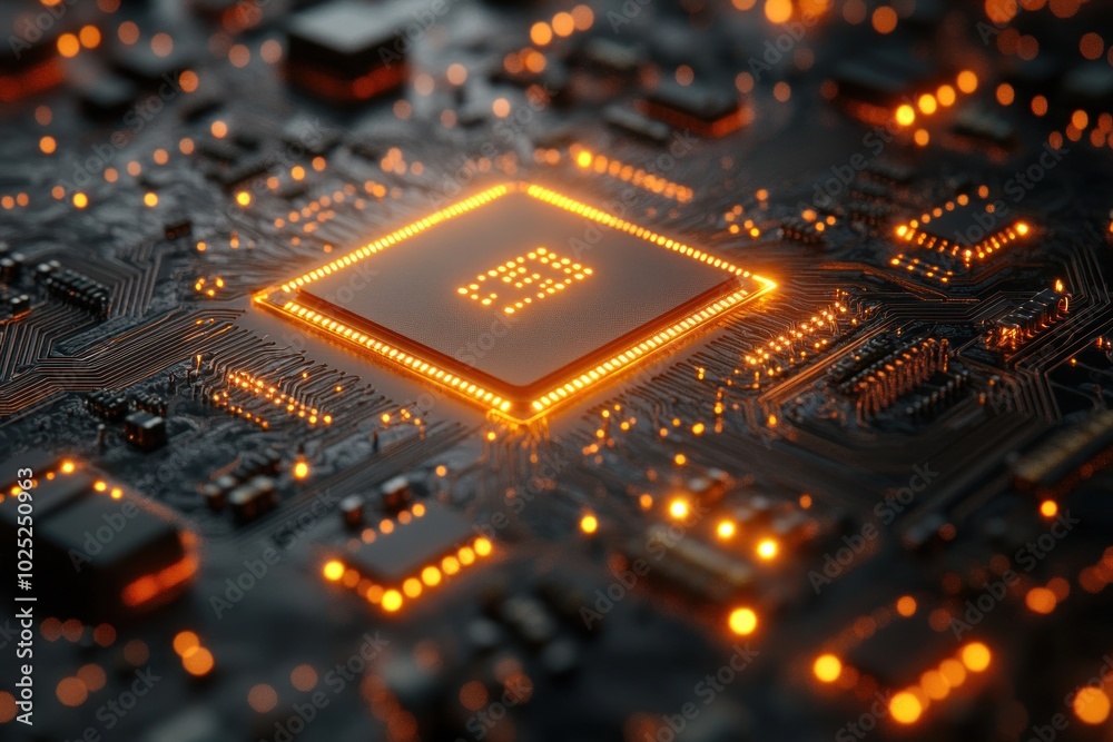 A close-up of a computer processor chip with glowing lights on a circuit board. A close-up of a computer processor chip with glowing lights on a circuit board.