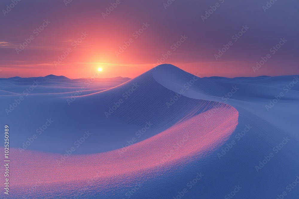 A vibrant, pink-hued sunset casts its glow across a vast, snow-covered landscape. A vibrant, pink-hued sunset casts its glow across a vast, snow-covered landscape.
