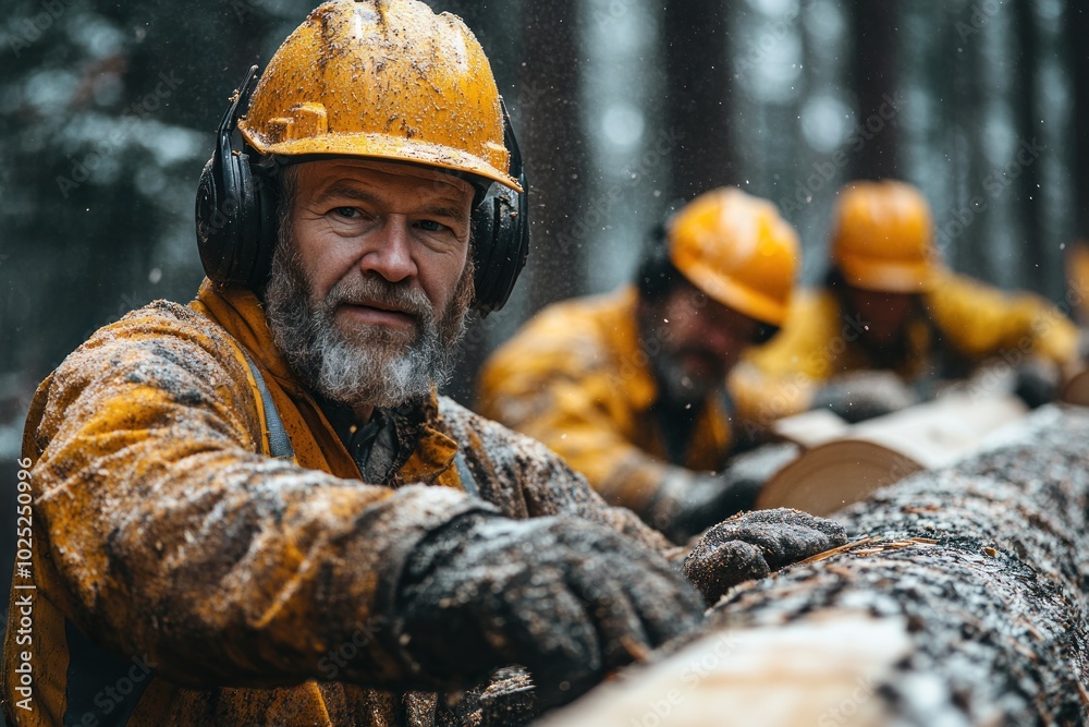 A lumberjack in a yellow hard hat and protective gear looks at the camera with a serious expression while working in a snowy forest. A lumberjack in a yellow hard hat and protective gear looks at the camera with a serious expression while working in a snowy forest.