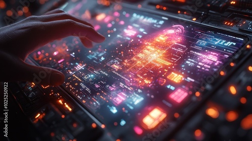 A hand interacts with a futuristic digital interface with glowing lights.