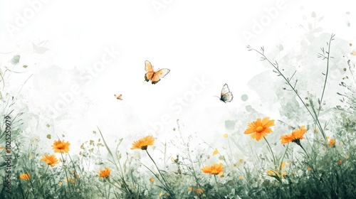 With a white background and blue sky, this watercolor painting shows a field of flowers with butterflies flying over it.