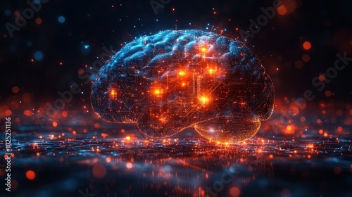 A digital representation of a human brain with glowing circuits and particles, symbolizing artificial intelligence, neural networks, and cognitive processing. photo