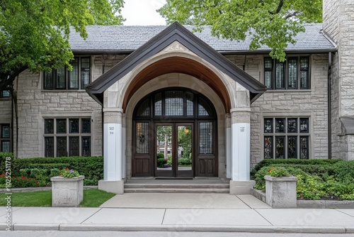 Elegant Front Door with Arched Wooden Double Doors