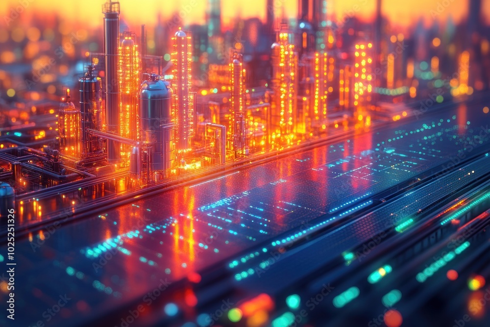 A futuristic city skyline with glowing lights and a reflective surface in the foreground. A futuristic city skyline with glowing lights and a reflective surface in the foreground.