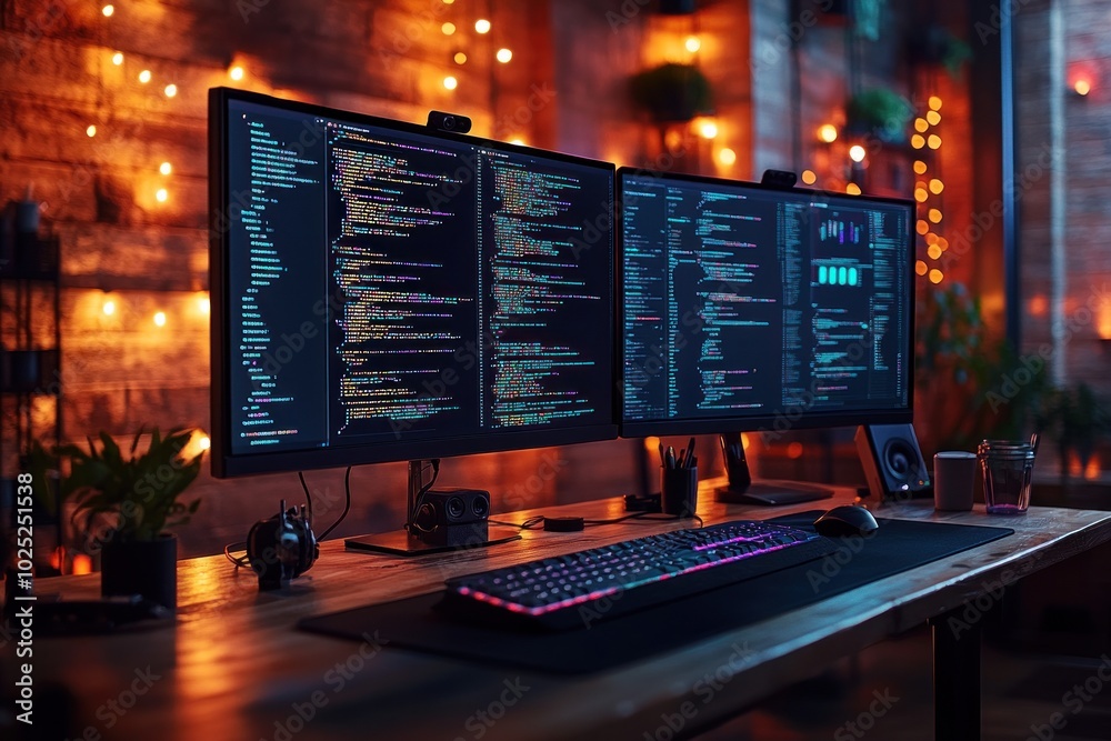 A programmer's workspace with two monitors displaying code, a keyboard, a mouse, and a glass of water. A programmer's workspace with two monitors displaying code, a keyboard, a mouse, and a glass of water.