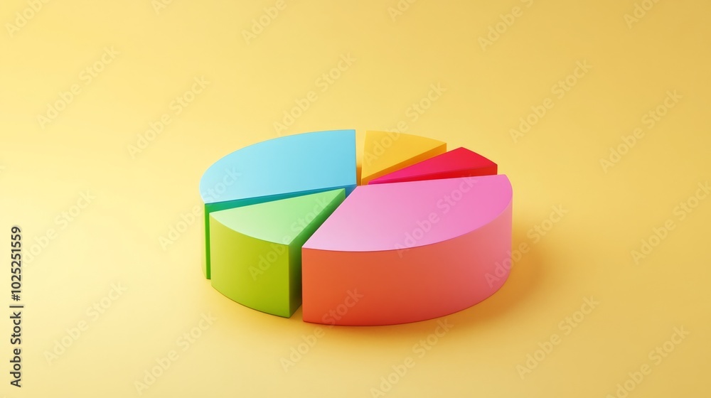 Obraz premium Colorful 3D pie chart with transparency and lighting effects on a plain light yellow background generative ai