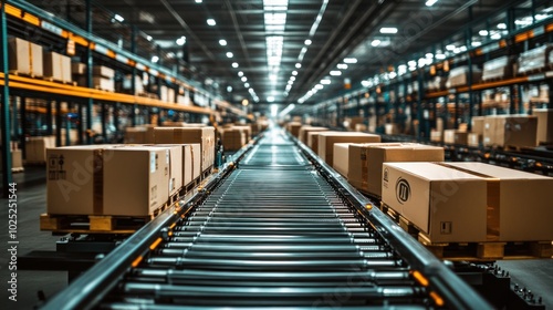 A long conveyor belt system in a large warehouse  moving cardboard boxes along a production line.