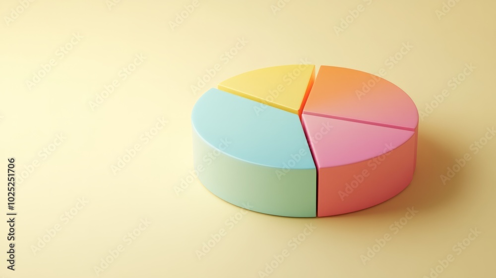 Obraz premium Colorful 3D pie chart with transparency and lighting effects on a plain light yellow background generative ai